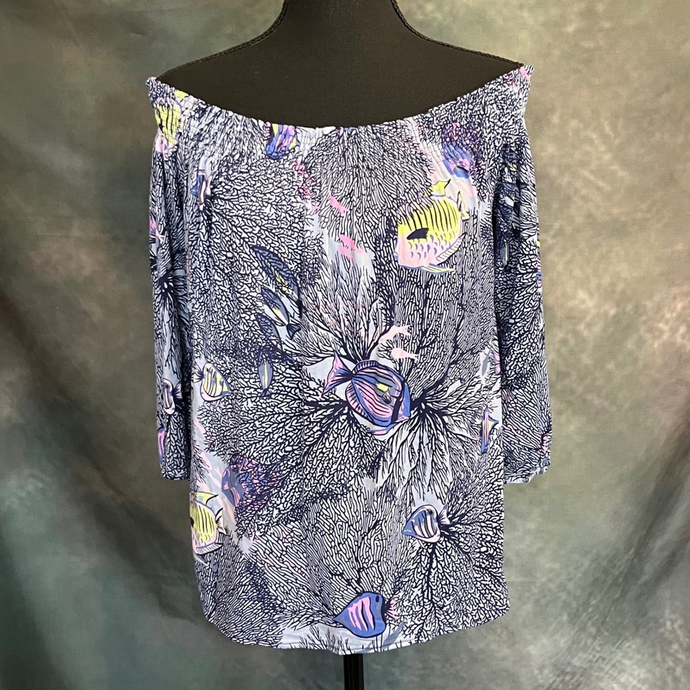 Tori Richard Honolulu Off Shoulder Smocked Top Size Small Tropical Fish Coral